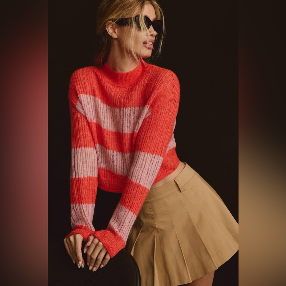 New, Anthropologie Cropped Sheer Stripe Sweater in Coral & Pink 💕